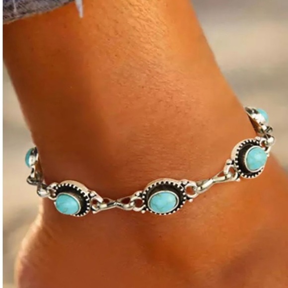 Bohemian  Silver and Turquoise Casual Anklet - Picture 1 of 4
